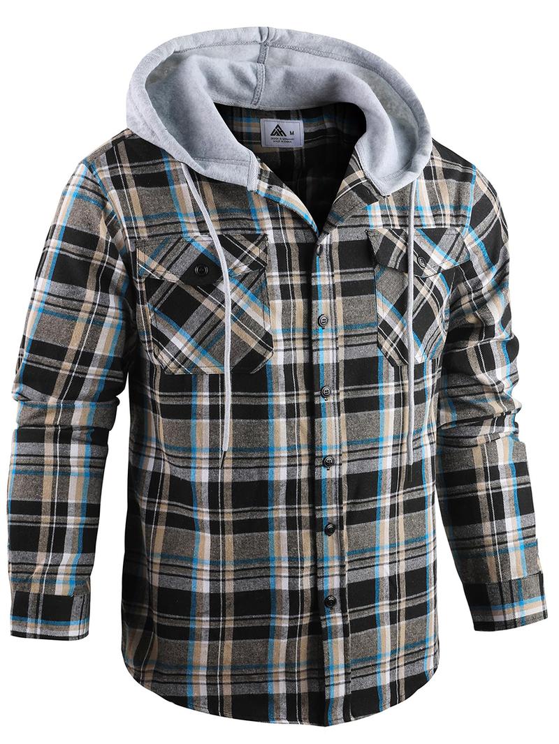 Men's Plus Size Checked Flannel Hooded Long Sleeve Shirt-Jacket - Button Front, Drawstring Hood, Pockets, Soft Casual Style Outerwear for Streetwear, Office Classic Outdoor