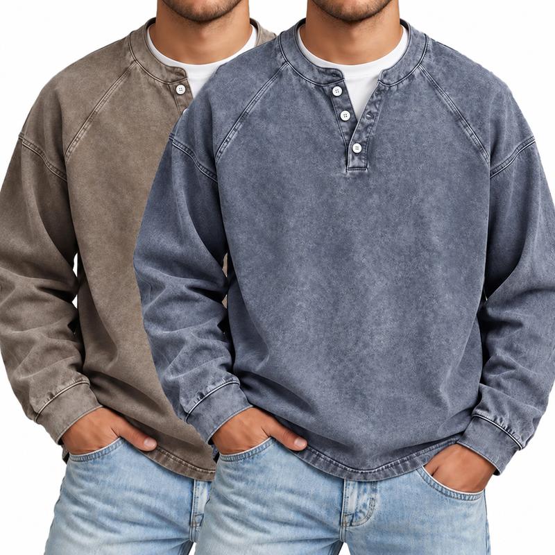 Men's Vintage Washed Henley Shirt with Long Sleeves and Relaxed Fit