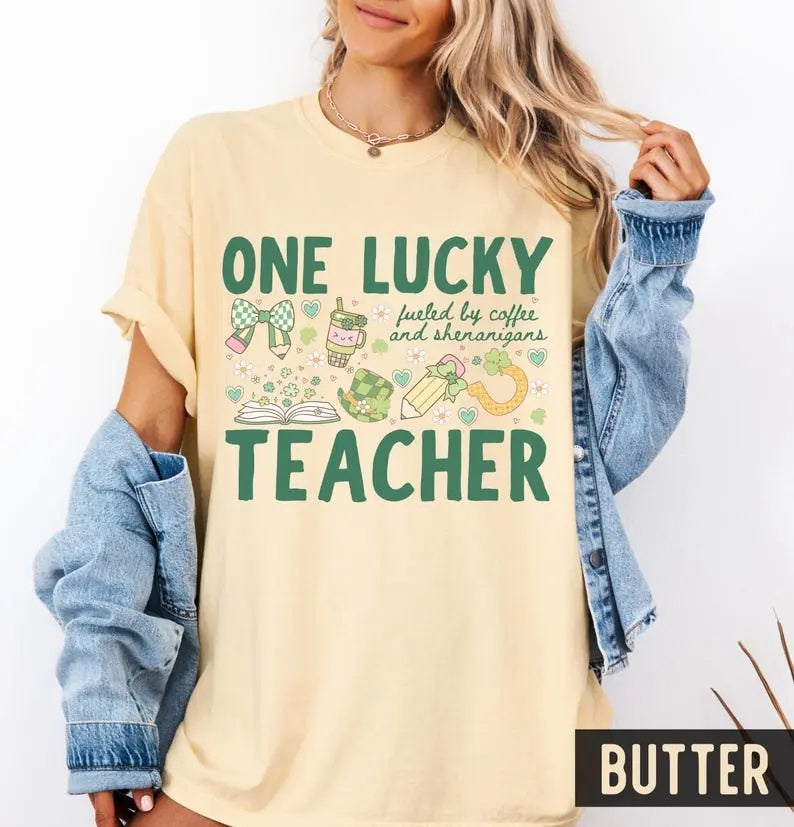 "One Lucky Teacher" Comfort Colors St. Patrick's Day Tee - Retro Coffee & Shenanigans Graphic Shirt