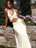 Plunge Halter Crop Top and Ruched Maxi Skirt Two-Piece Set