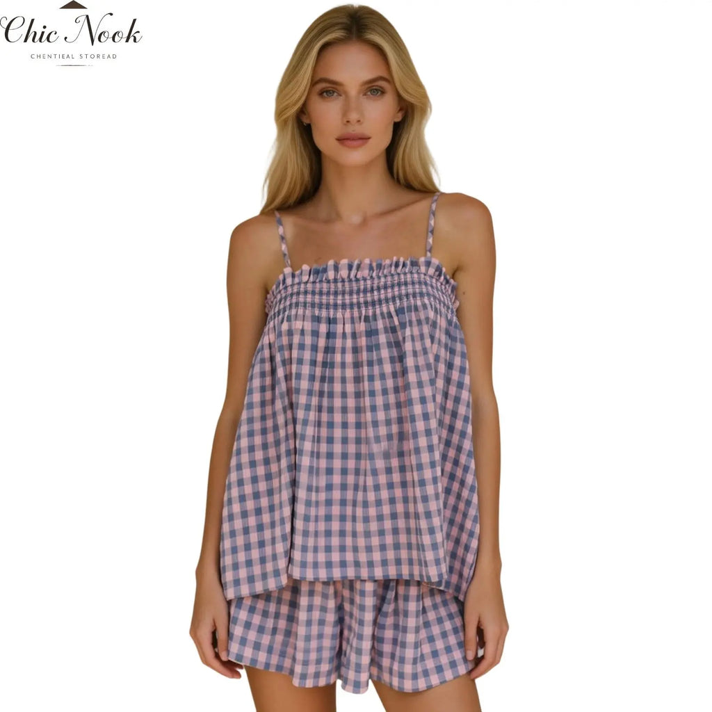 Women's Plaid Gingham Lounge Outfits Ruffle Flowy Tank Tops and  Wide Leg Shorts Sets