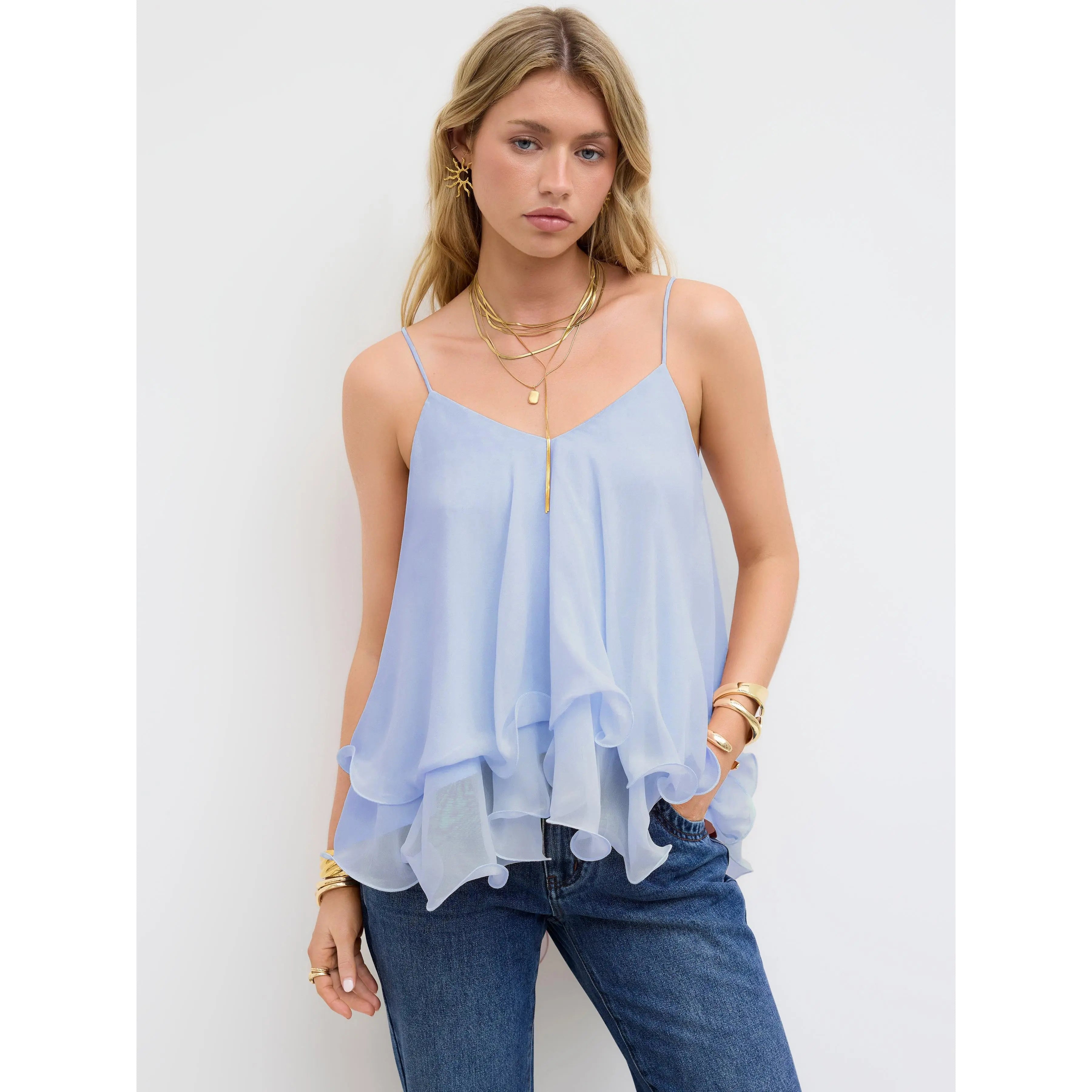Layered Ruffle Cami Top for Women with Elegant Summer Vacation Style
