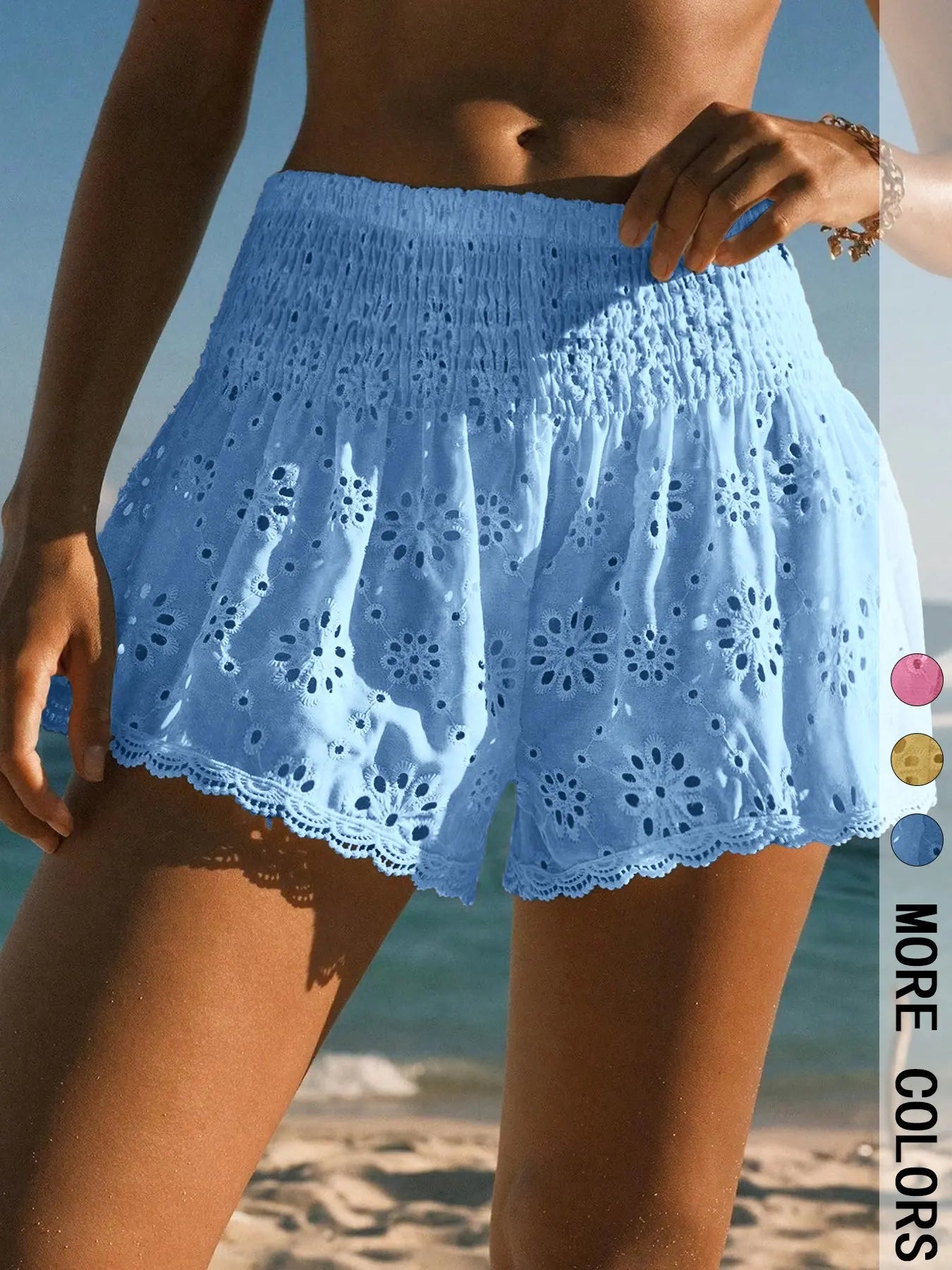 Floral Embroidered Lace Trim Beach Shorts for Summer Vacation Outfits
