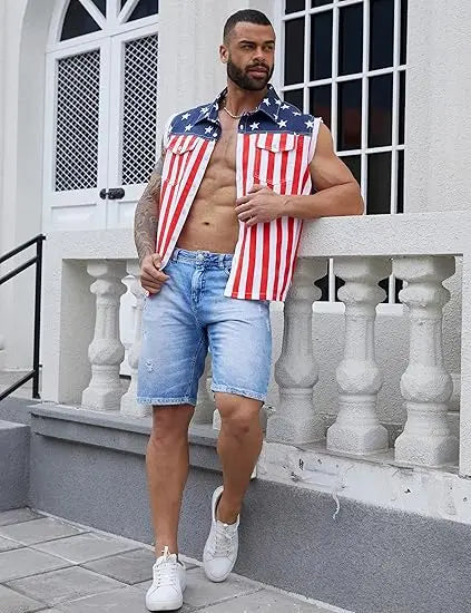 American Flag Sleeveless Denim Vest for Fourth of July Summer Outfits