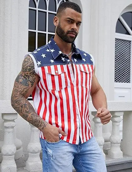 American Flag Sleeveless Denim Vest for Fourth of July Summer Outfits