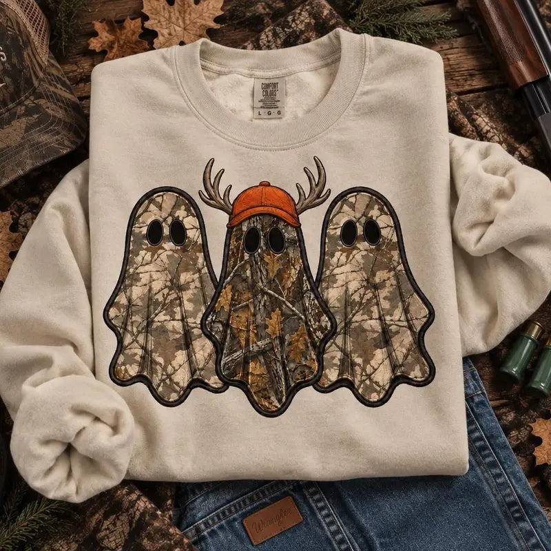 Retro Ghost Hunting Sweatshirt with Spooky Camo Graphic for Halloween Outfits