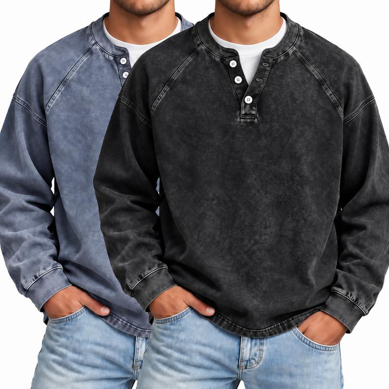 Men's Vintage Washed Henley Shirt with Long Sleeves and Relaxed Fit