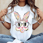 Sassy Pink Bubblegum Bunny Easter Tee - Whimsical Heart-Glasses Spring Holiday Graphic T-Shirt