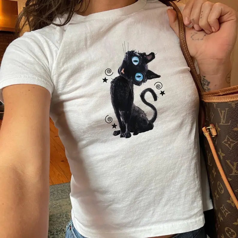 Creepy Cat Graphic Baby Tee with Gothic Horror Style for Halloween Lovers
