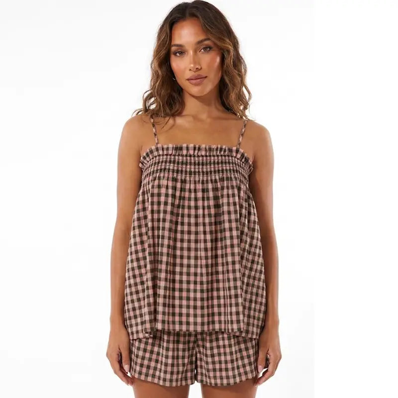 Women's Plaid Gingham Lounge Outfits Ruffle Flowy Tank Tops and  Wide Leg Shorts Sets