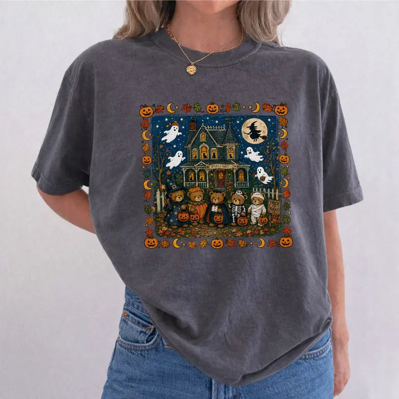 Vintage Halloween Bears Haunted House Graphic T-Shirt