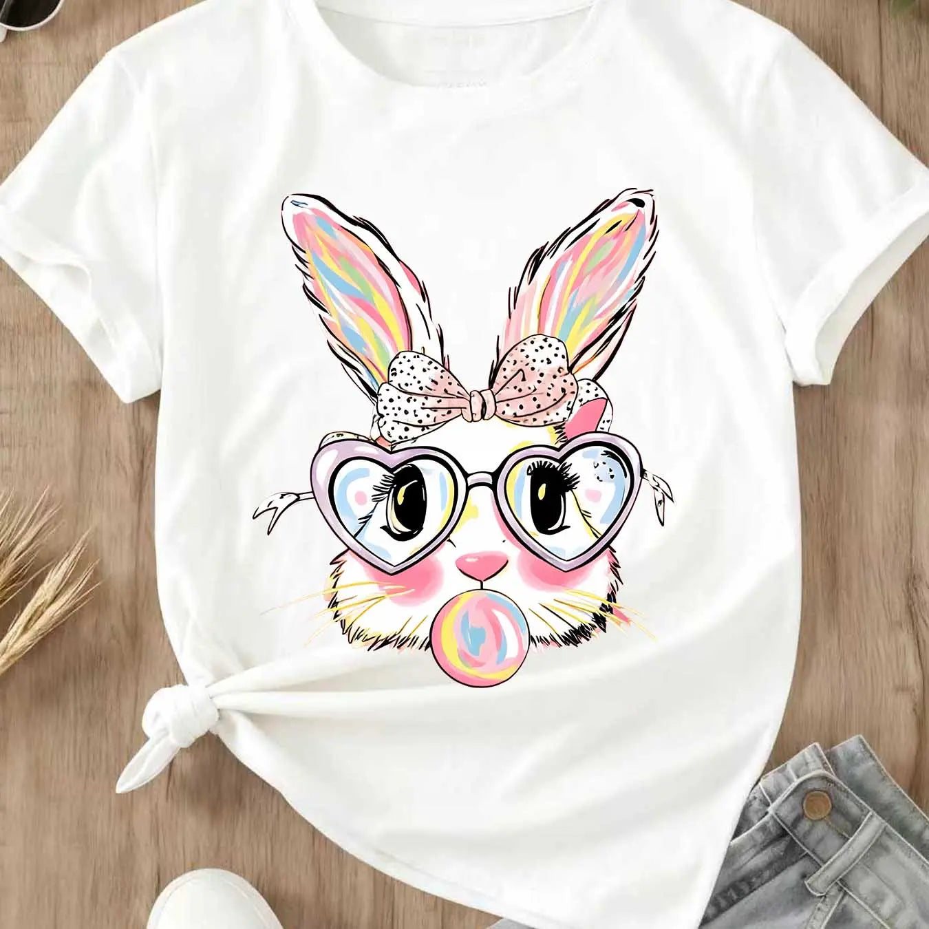 Sassy Pink Bubblegum Bunny Easter Tee - Whimsical Heart-Glasses Spring Holiday Graphic T-Shirt