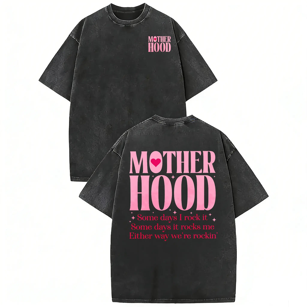 "The Real Motherhood" Acid Wash Graphic Tee - Retro Oversized Pink Statement Streetwear for Moms