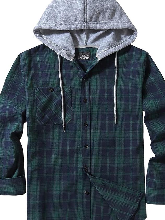 Men's Plus Size Checked Flannel Hooded Long Sleeve Shirt-Jacket - Button Front, Drawstring Hood, Pockets, Soft Casual Style Outerwear for Streetwear, Office Classic Outdoor