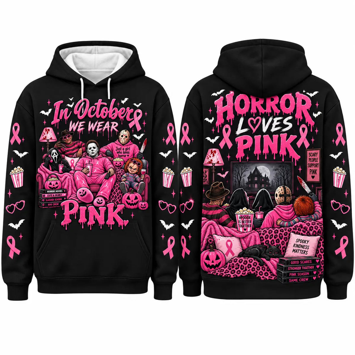 October Awareness Ribbon Horror Hoodie for Spooky Season Support and Fall Outfits