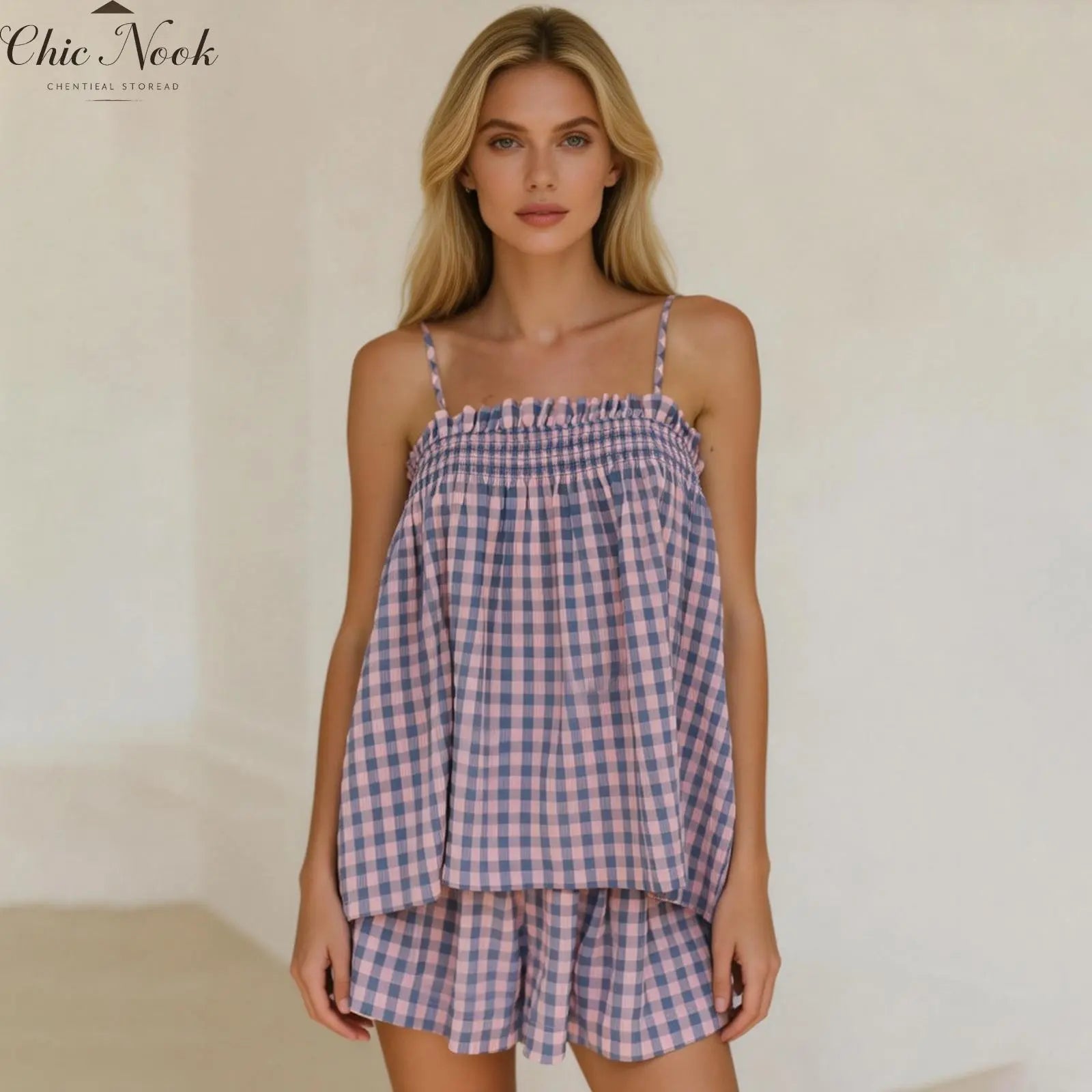 Women's Plaid Gingham Lounge Outfits Ruffle Flowy Tank Tops and  Wide Leg Shorts Sets