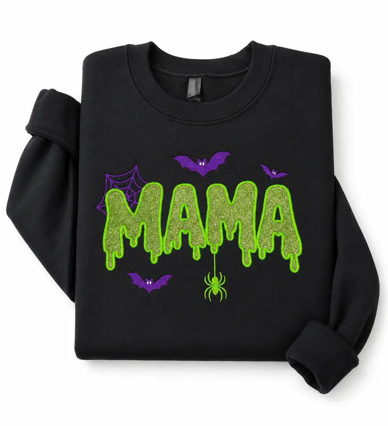 Halloween Mama Embroidered Sweatshirt Spooky Seasonal Graphic Pullover for Women
