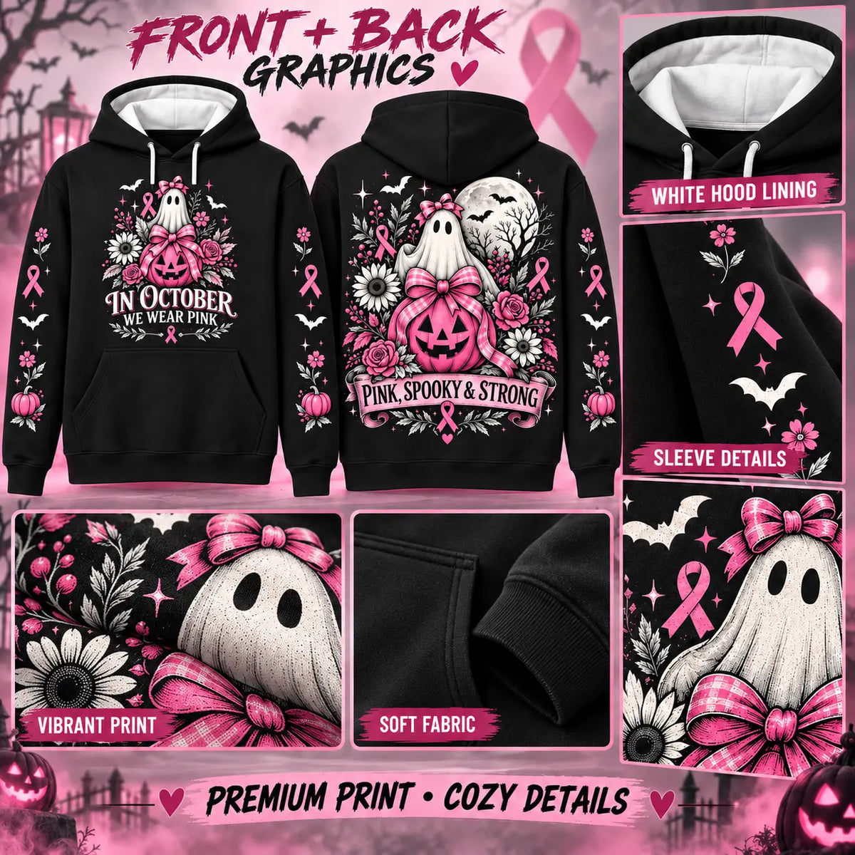 October Awareness Ribbon Horror Hoodie for Spooky Season Support and Fall Outfits