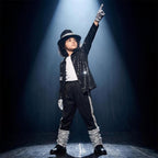 Meihuida Kids Pop Star Halloween Costume Set Black Sequin Jacket Trousers Hat Gloves 80s Retro Stage Outfit for Boys