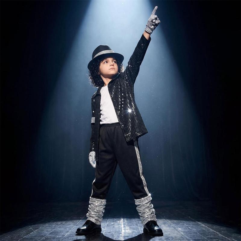 Meihuida Kids Pop Star Halloween Costume Set Black Sequin Jacket Trousers Hat Gloves 80s Retro Stage Outfit for Boys