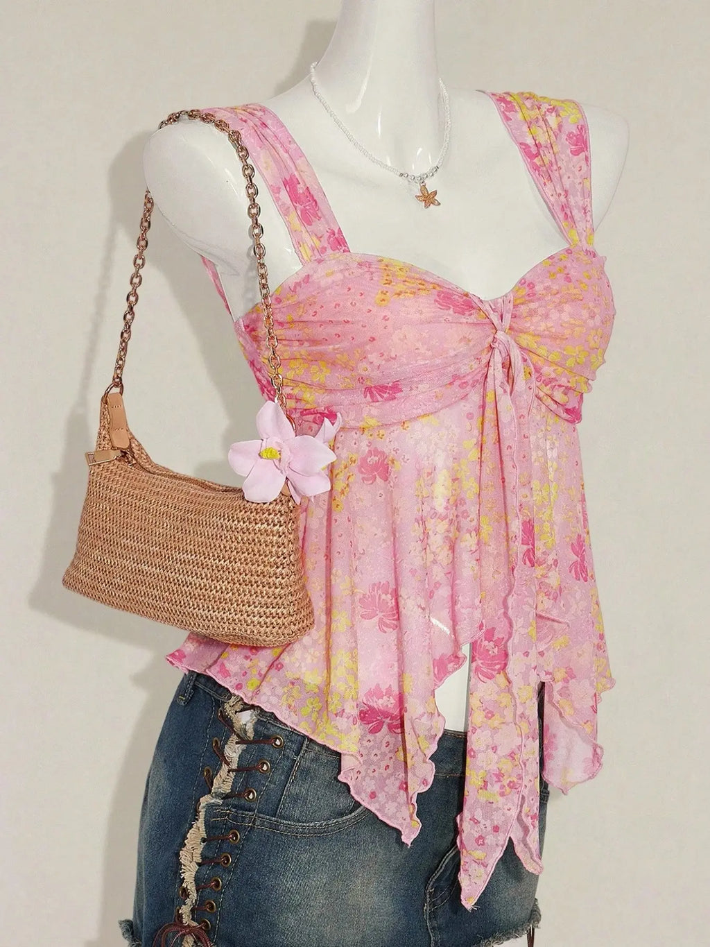 Floral Sheer Mesh Asymmetrical Hem Top for Summer Vacation Style
