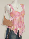 Floral Sheer Mesh Asymmetrical Hem Top for Summer Vacation Style