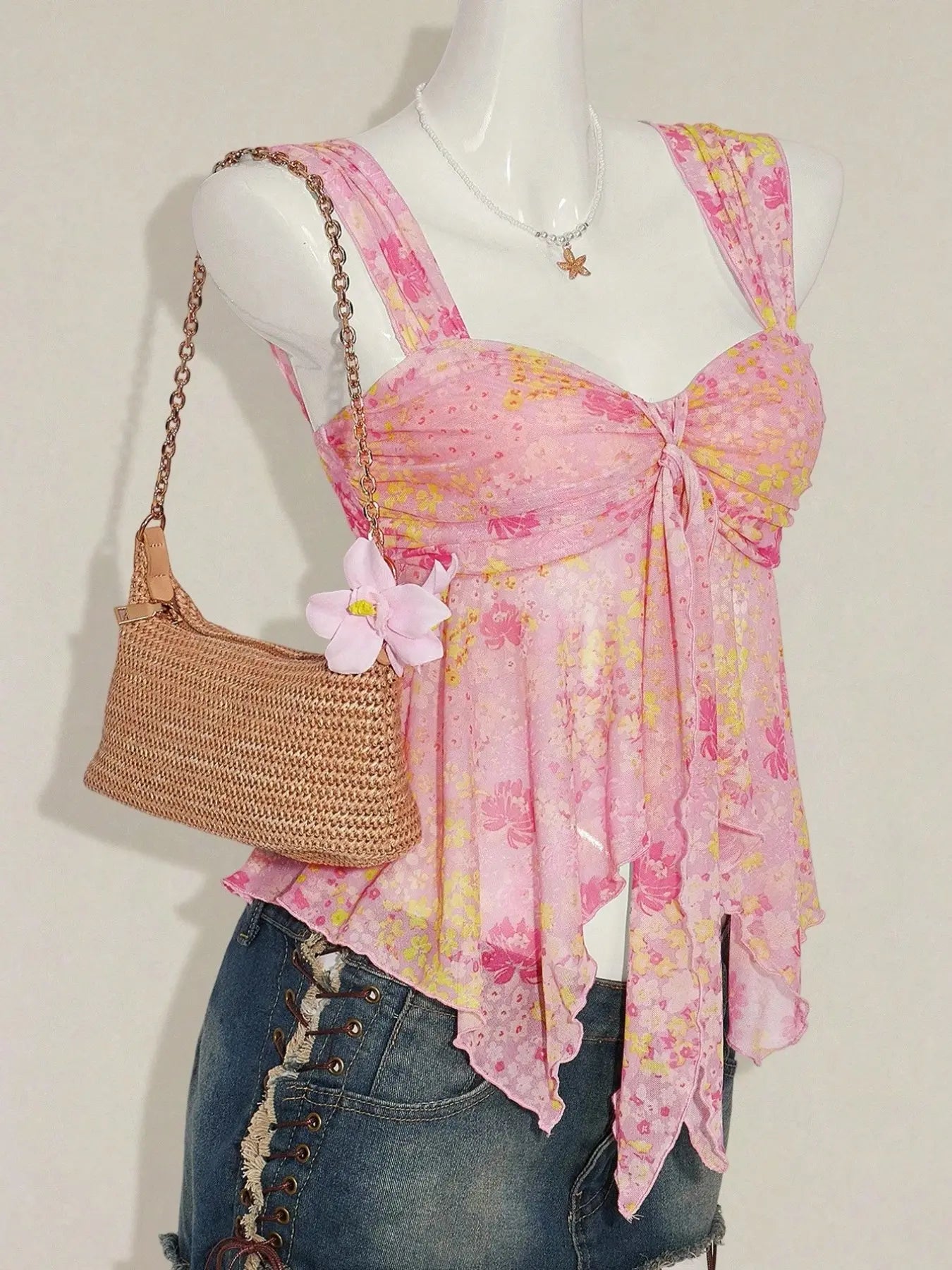 Floral Sheer Mesh Asymmetrical Hem Top for Summer Vacation Style