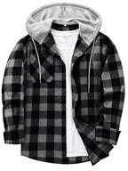 Men's Plus Size Checked Flannel Hooded Long Sleeve Shirt-Jacket - Button Front, Drawstring Hood, Pockets, Soft Casual Style Outerwear for Streetwear, Office Classic Outdoor