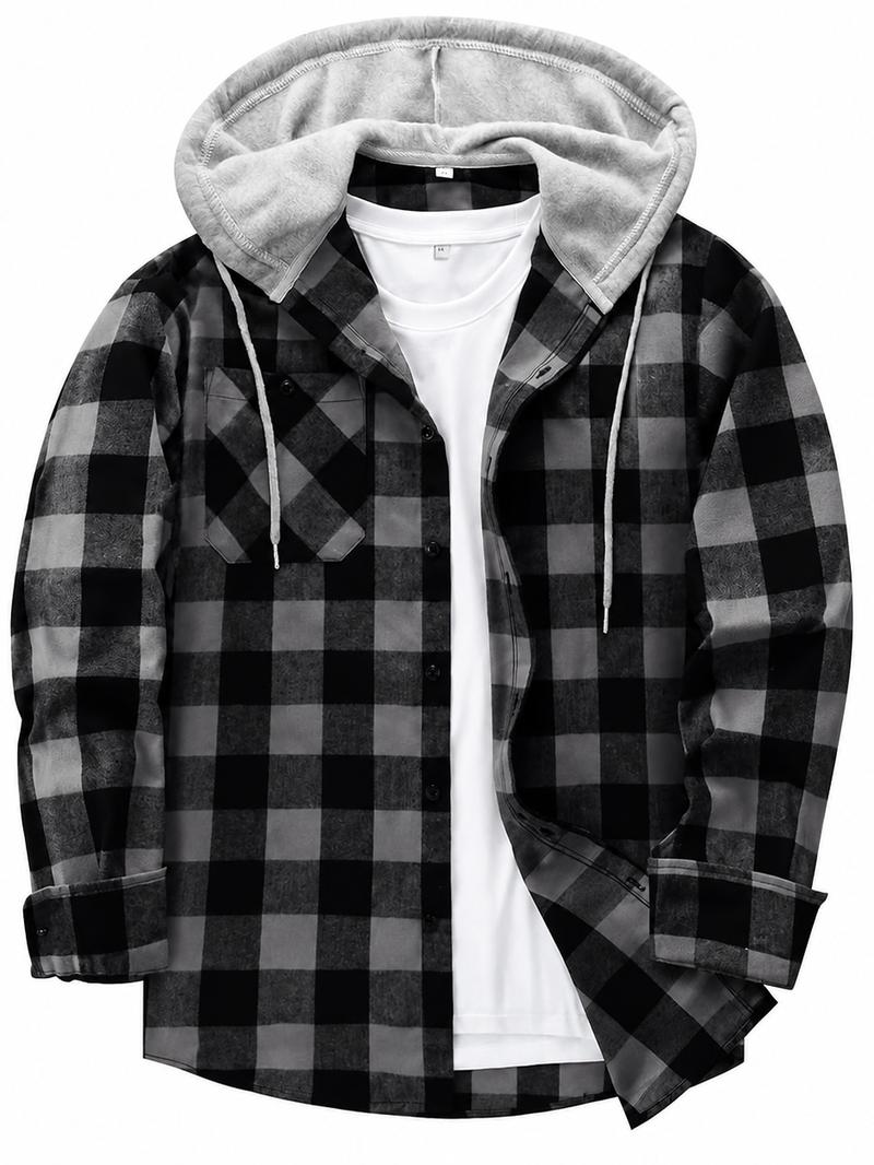 Men's Plus Size Checked Flannel Hooded Long Sleeve Shirt-Jacket - Button Front, Drawstring Hood, Pockets, Soft Casual Style Outerwear for Streetwear, Office Classic Outdoor