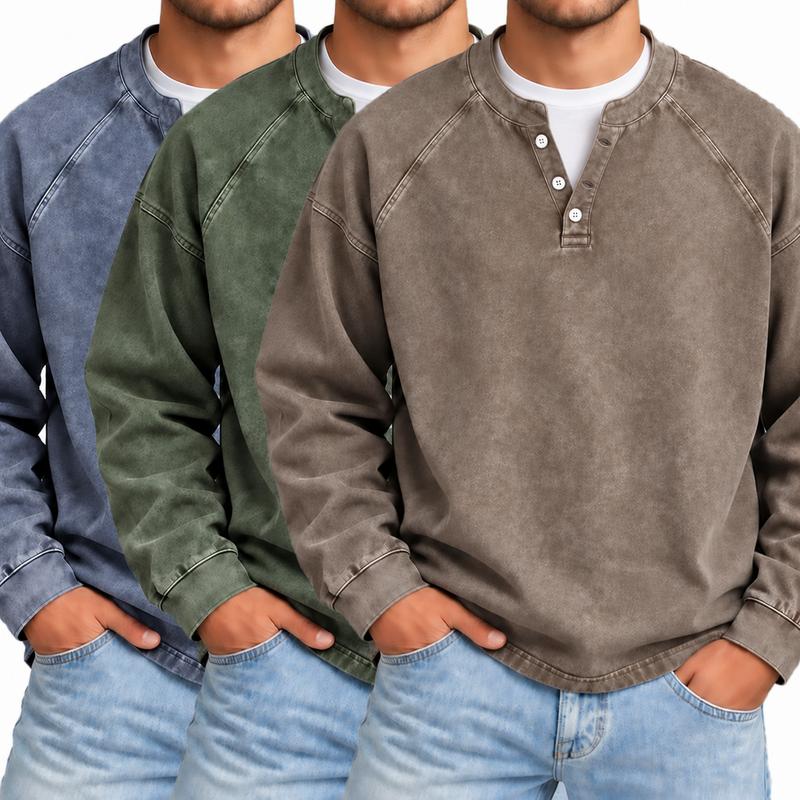 Men's Vintage Washed Henley Shirt with Long Sleeves and Relaxed Fit