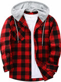 Men's Plus Size Checked Flannel Hooded Long Sleeve Shirt-Jacket - Button Front, Drawstring Hood, Pockets, Soft Casual Style Outerwear for Streetwear, Office Classic Outdoor