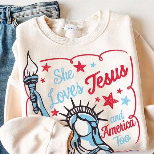 "She Loves Jesus & America Too" Vintage Patriotic Graphic Tee - Faith and Freedom 4th Of July Shirt