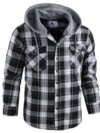 Men's Plus Size Checked Flannel Hooded Long Sleeve Shirt-Jacket - Button Front, Drawstring Hood, Pockets, Soft Casual Style Outerwear for Streetwear, Office Classic Outdoor