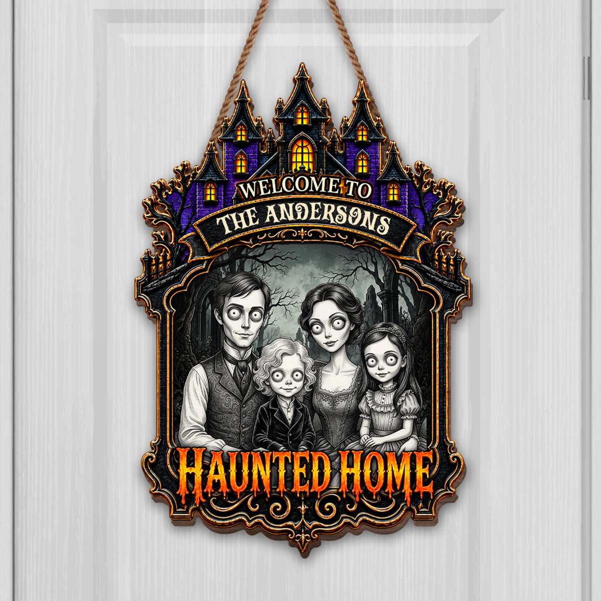 Welcome to Our Haunted Home, Personalized Custom Shaped Wood Sign, Halloween Gift - 1