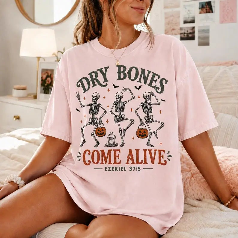 Christian Dry Bones Halloween Graphic Tee for Faith Based Fall Outfits