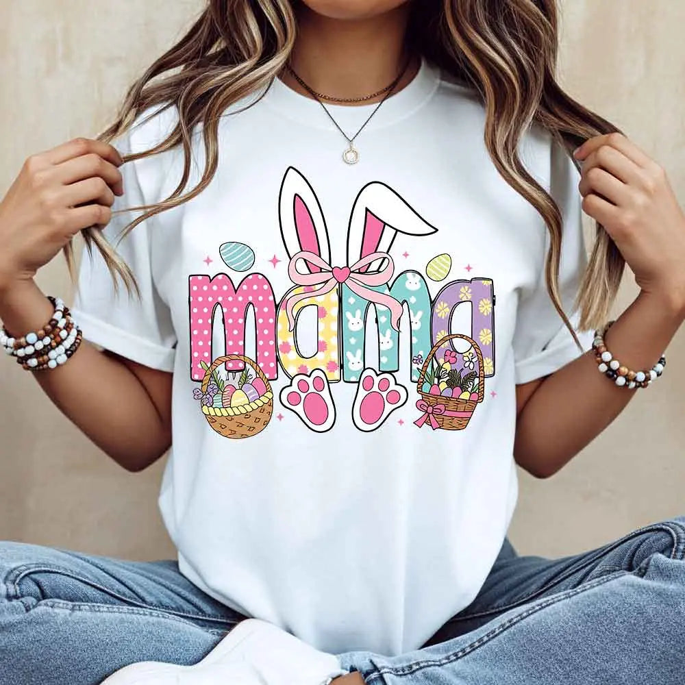 "Easter Bunny Mama" Colorful Spring Graphic Tee - Whimsical Festive Holiday Mom Shirt