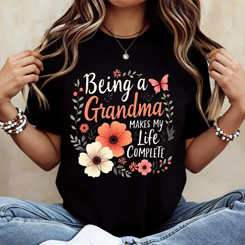 Elegant Floral "Grandma Makes Life Complete" Graphic Tee for Women