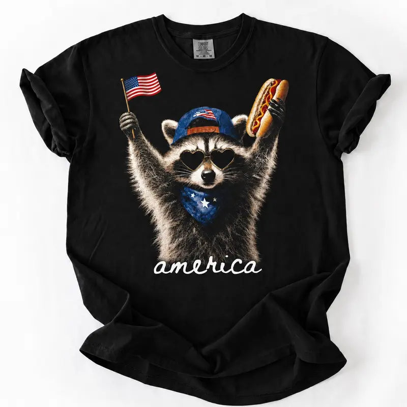 Funny Patriotic Raccoon Graphic T-Shirt for Fourth of July Parties