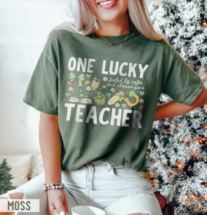 "One Lucky Teacher" Comfort Colors St. Patrick's Day Tee - Retro Coffee & Shenanigans Graphic Shirt