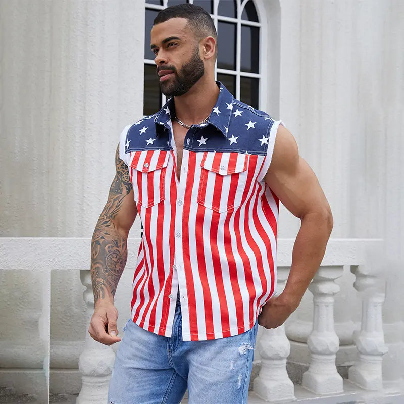 American Flag Sleeveless Denim Vest for Fourth of July Summer Outfits
