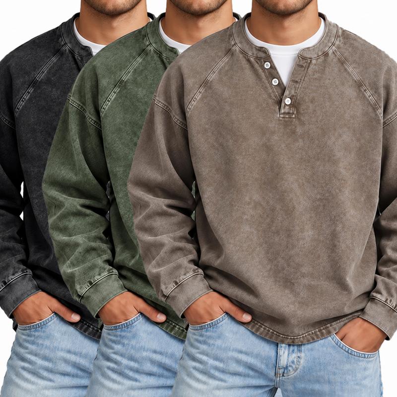 Men's Vintage Washed Henley Shirt with Long Sleeves and Relaxed Fit