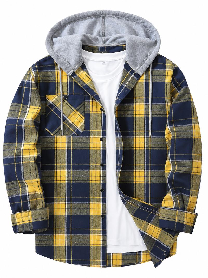 Men's Plus Size Checked Flannel Hooded Long Sleeve Shirt-Jacket - Button Front, Drawstring Hood, Pockets, Soft Casual Style Outerwear for Streetwear, Office Classic Outdoor