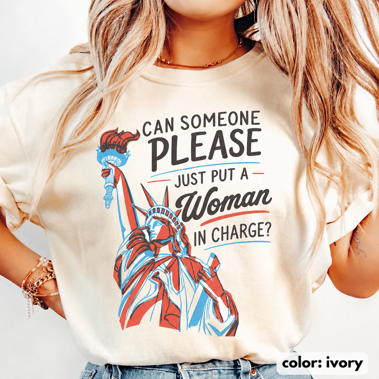 Put A Woman In Charge Feminist Patriotic Graphic T-Shirt