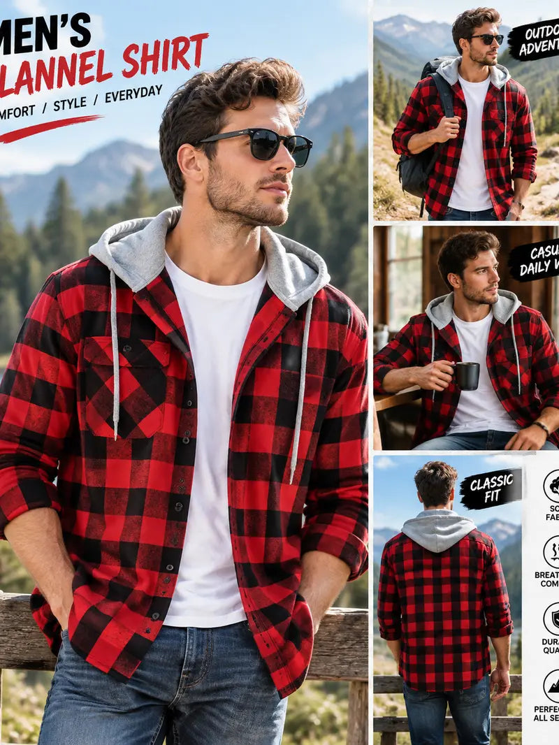 Men's Plus Size Checked Flannel Hooded Long Sleeve Shirt-Jacket - Button Front, Drawstring Hood, Pockets, Soft Casual Style Outerwear for Streetwear, Office Classic Outdoor