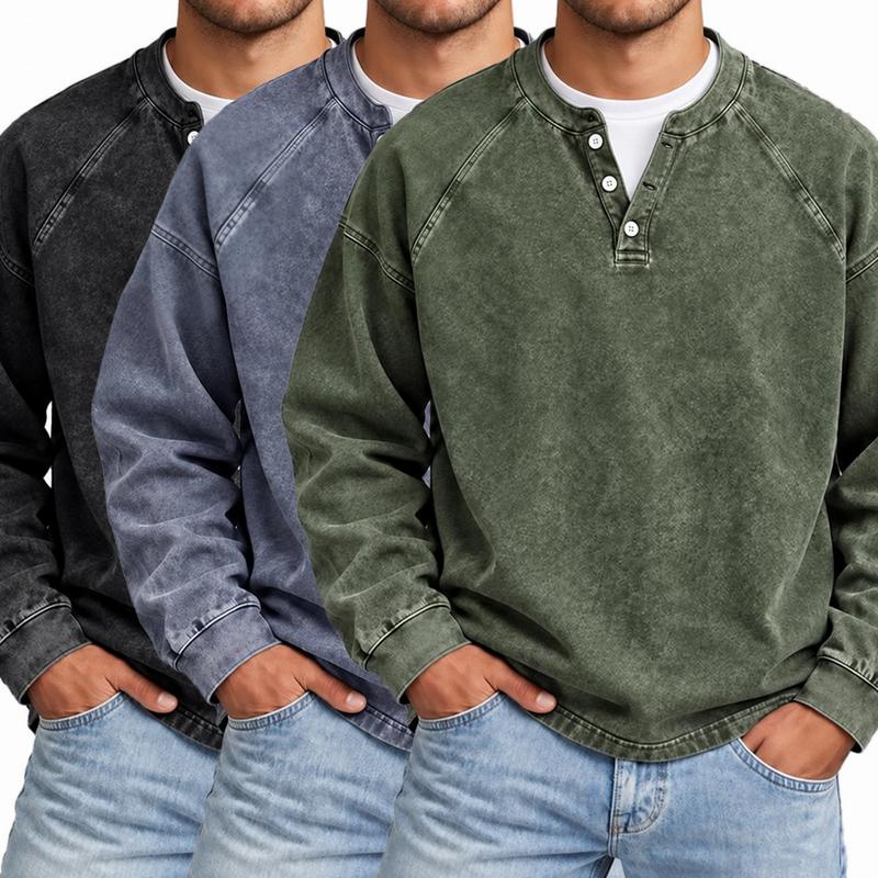 Men's Vintage Washed Henley Shirt with Long Sleeves and Relaxed Fit