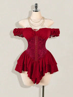 Off-Shoulder Gothic Corset Mini Dress with Ruffle Hem