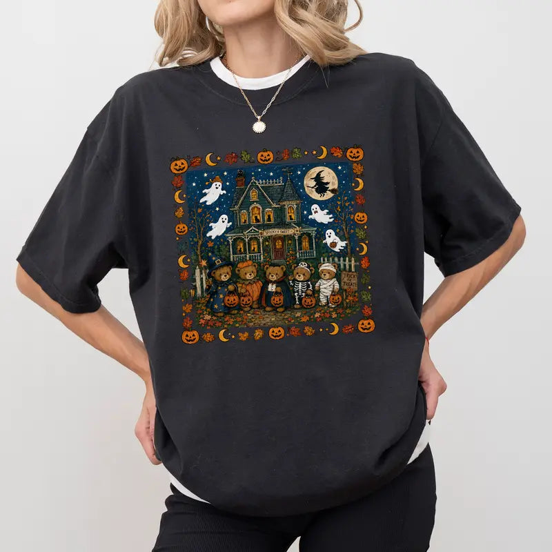 Vintage Halloween Bears Haunted House Graphic T-Shirt