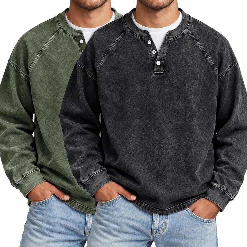 Men's Vintage Washed Henley Shirt with Long Sleeves and Relaxed Fit