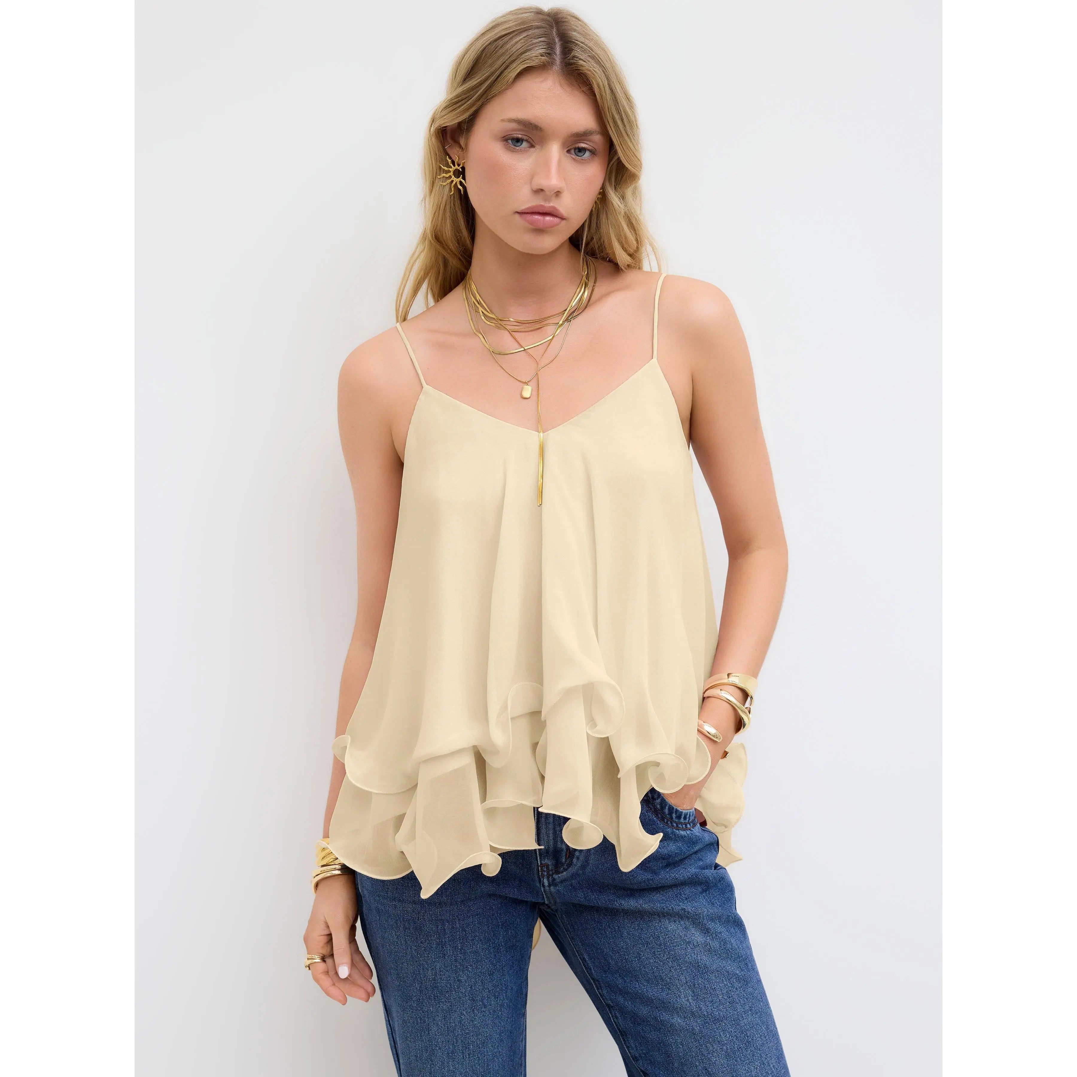 Layered Ruffle Cami Top for Women with Elegant Summer Vacation Style