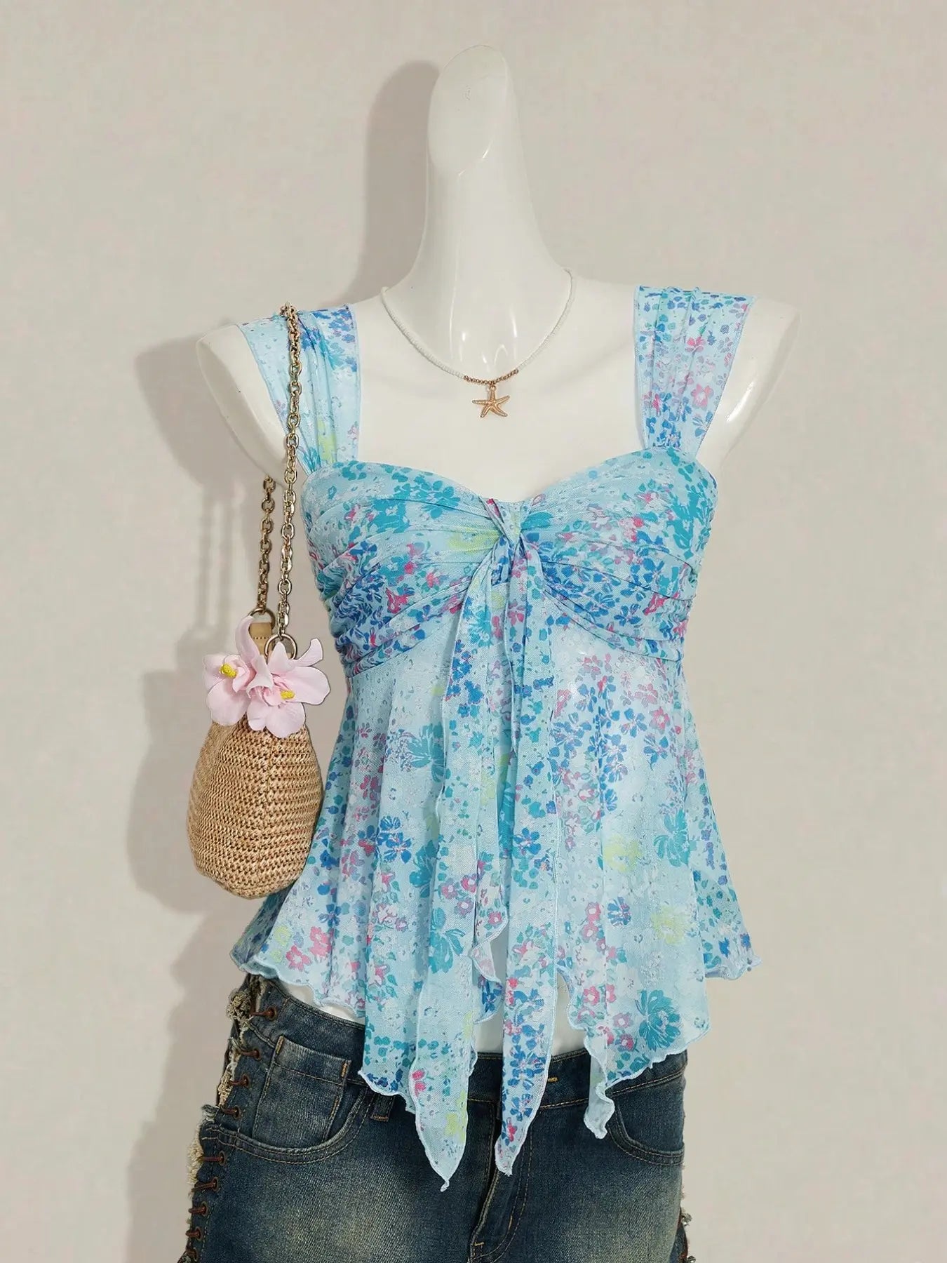 Floral Sheer Mesh Asymmetrical Hem Top for Summer Vacation Style